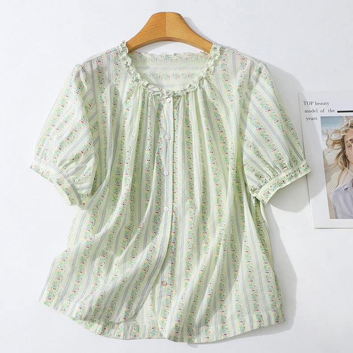 Buddha Stones Camicia da donna estiva casual ed elegante a maniche corte con scollo rotondo e stampa floreale a righe, con bottoni. - Beige - US12, UK/AU16, EU44 (2XL) - image 19