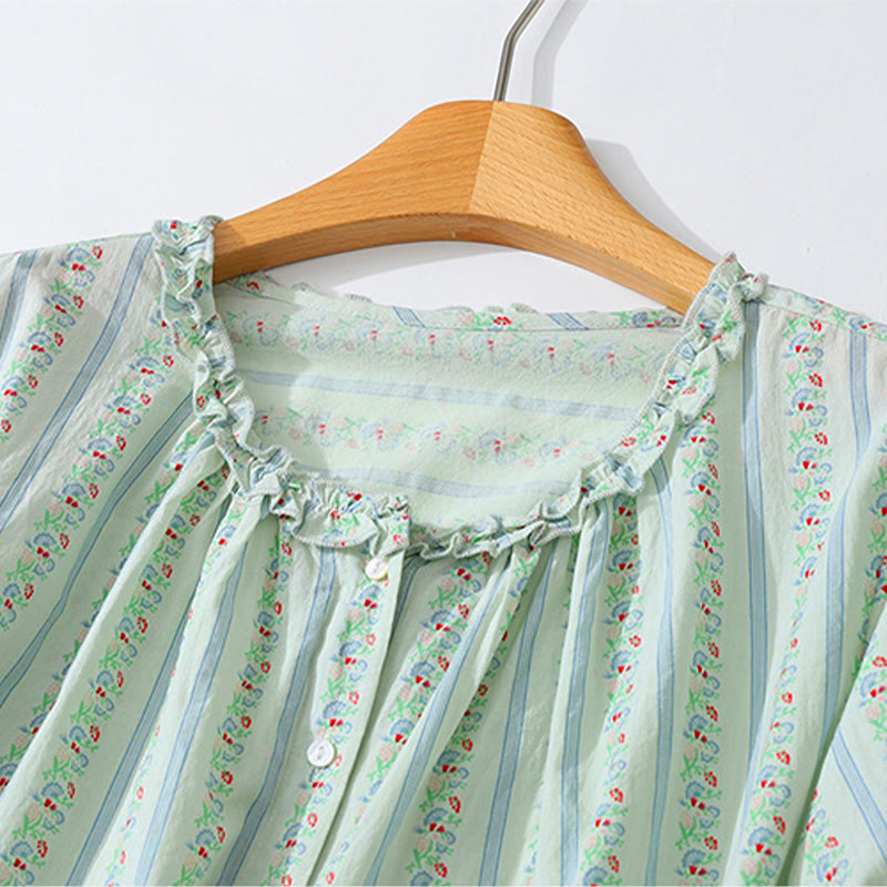 Buddha Stones Camicia da donna estiva casual ed elegante a maniche corte con scollo rotondo e stampa floreale a righe, con bottoni. - image 12