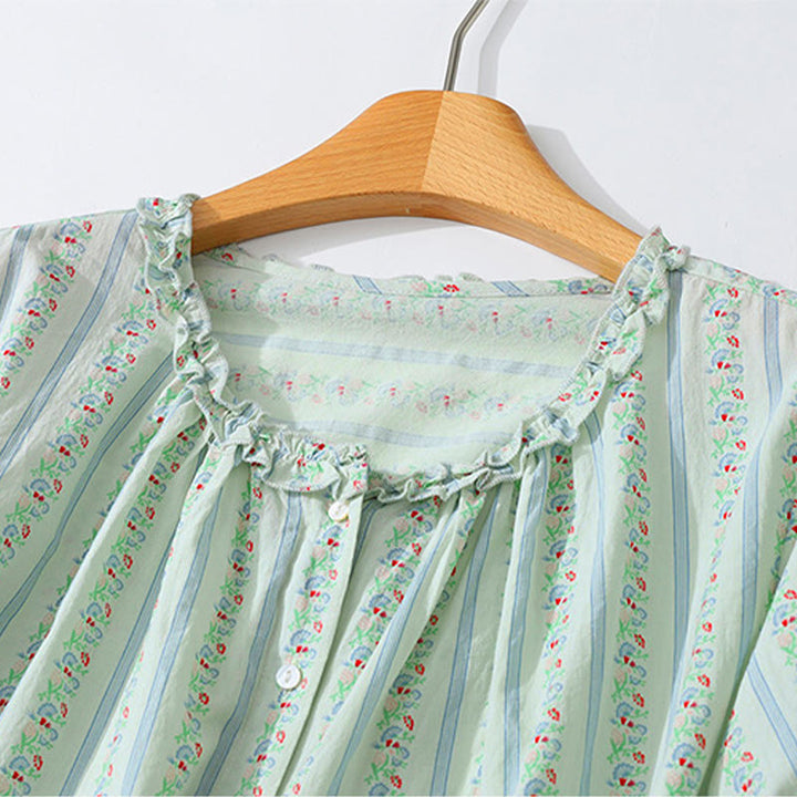 Buddha Stones Camicia da donna estiva casual ed elegante a maniche corte con scollo rotondo e stampa floreale a righe, con bottoni. - image 12