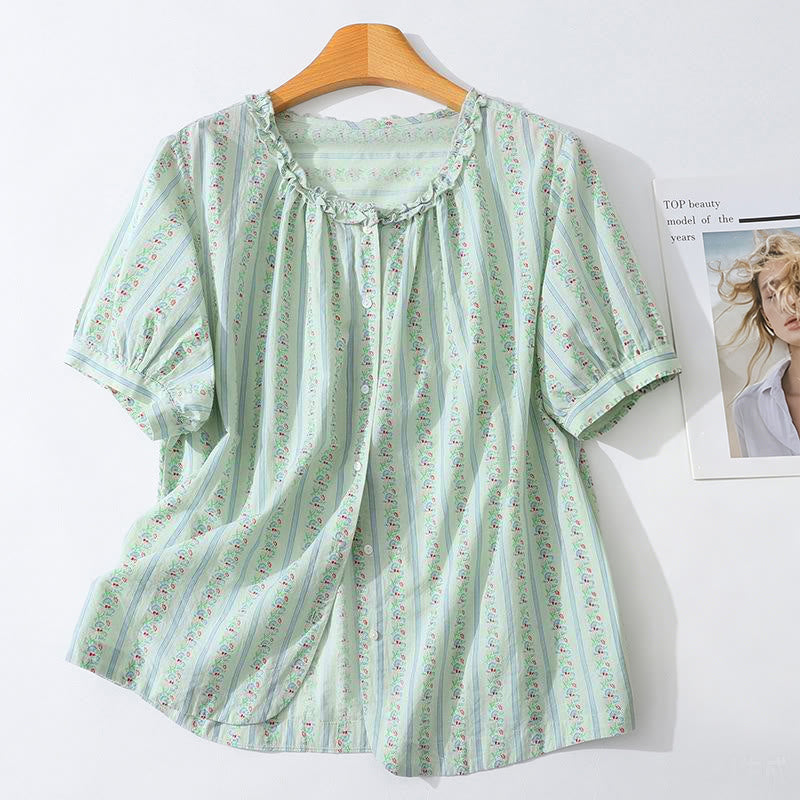 Buddha Stones Camicia da donna estiva casual ed elegante a maniche corte con scollo rotondo e stampa floreale a righe, con bottoni. - Azzurro polvere - US12, UK/AU16, EU44 (2XL) - image 10