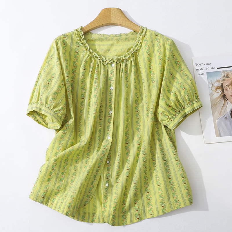 Buddha Stones Camicia da donna estiva casual ed elegante a maniche corte con scollo rotondo e stampa floreale a righe, con bottoni. - GialloVerde - US12, UK/AU16, EU44 (2XL) - image 0
