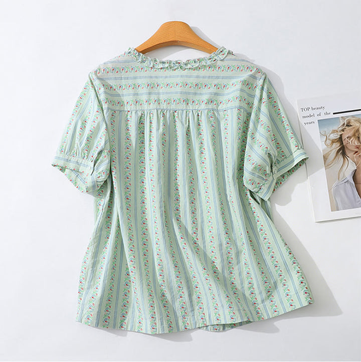Buddha Stones Camicia da donna estiva casual ed elegante a maniche corte con scollo rotondo e stampa floreale a righe, con bottoni. - image 11