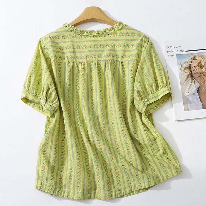 Buddha Stones Camicia da donna estiva casual ed elegante a maniche corte con scollo rotondo e stampa floreale a righe, con bottoni. - image 1