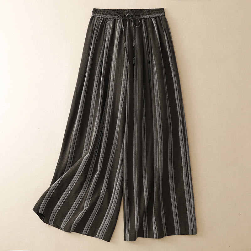 Buddha Stones Pantaloni lunghi estivi casual minimalisti con coulisse a righe da donna, gamba larga con tasca - Marrone sella - US8-10, UK/AU12-14, EU40-42 (2XL) - image 0