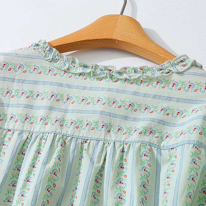Buddha Stones Camicia da donna estiva casual ed elegante a maniche corte con scollo rotondo e stampa floreale a righe, con bottoni. - image 13