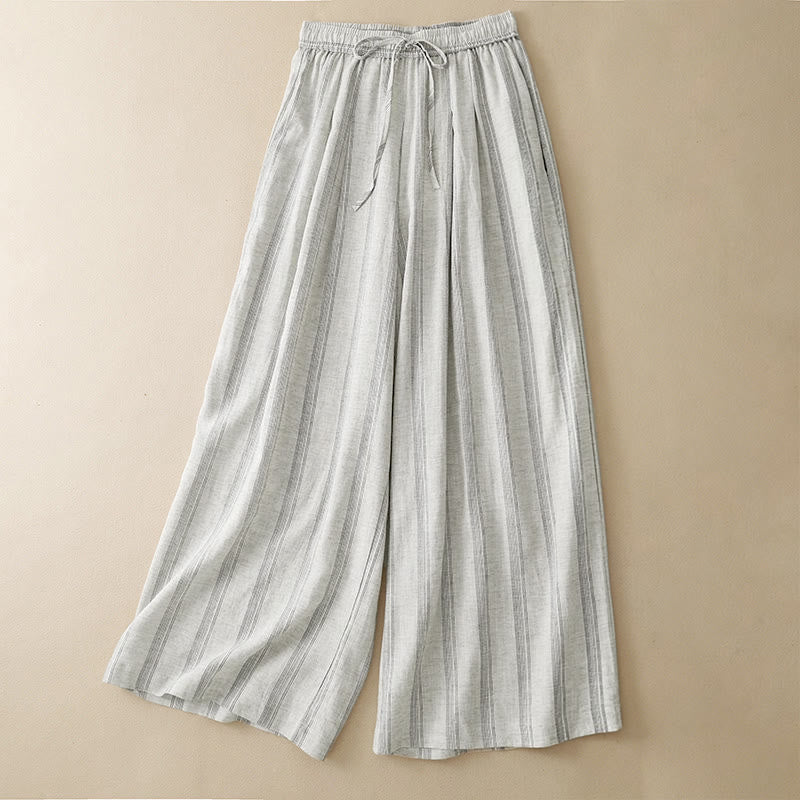 Buddha Stones Pantaloni lunghi estivi casual minimalisti con coulisse a righe da donna, gamba larga con tasca - Biancheria - US8-10, UK/AU12-14, EU40-42 (2XL) - image 7