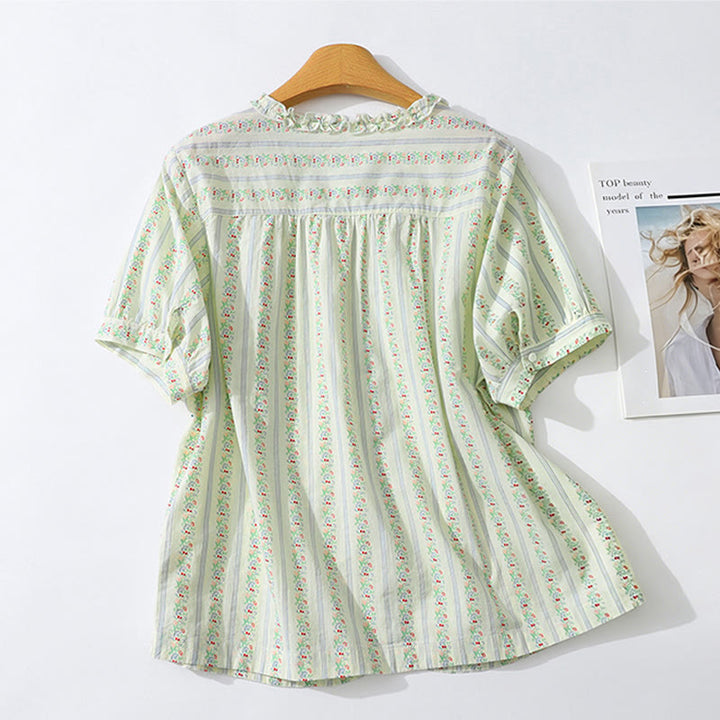 Buddha Stones Camicia da donna estiva casual ed elegante a maniche corte con scollo rotondo e stampa floreale a righe, con bottoni. - image 20