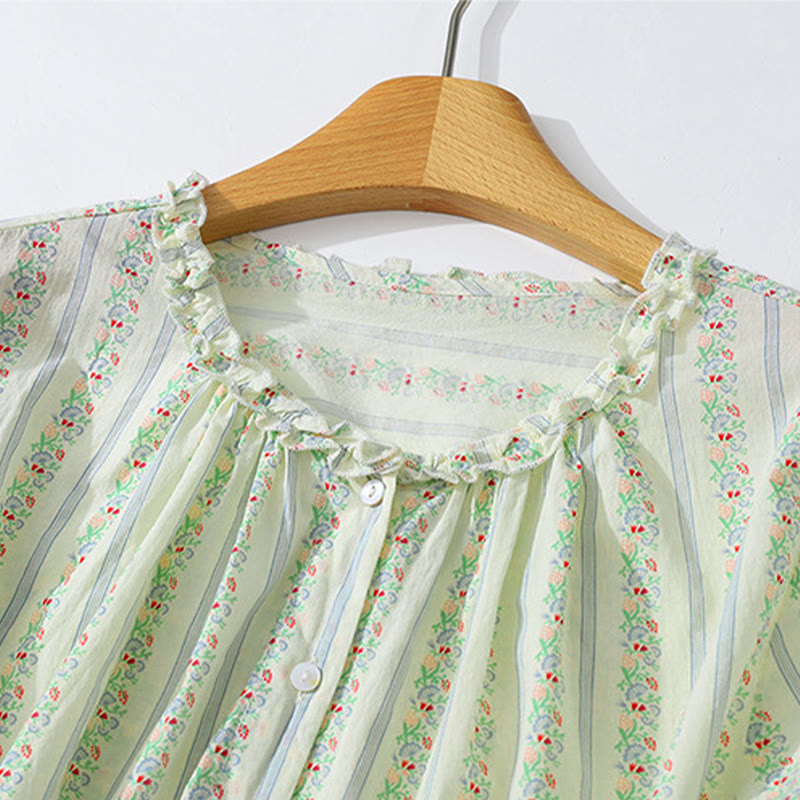 Buddha Stones Camicia da donna estiva casual ed elegante a maniche corte con scollo rotondo e stampa floreale a righe, con bottoni. - image 21