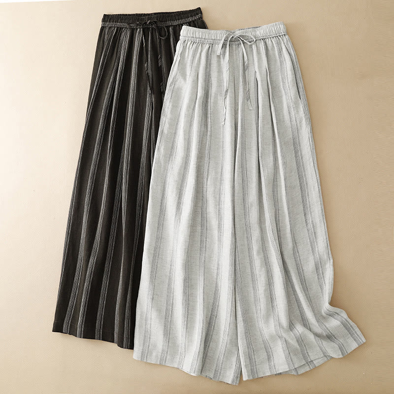 Buddha Stones Pantaloni lunghi estivi casual minimalisti con coulisse a righe da donna, gamba larga con tasca - image 16