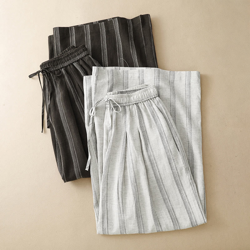 Buddha Stones Pantaloni lunghi estivi casual minimalisti con coulisse a righe da donna, gamba larga con tasca - image 17