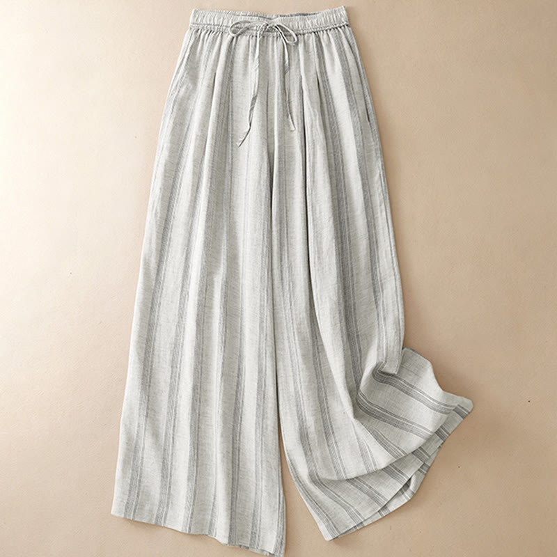 Buddha Stones Pantaloni lunghi estivi casual minimalisti con coulisse a righe da donna, gamba larga con tasca - image 8