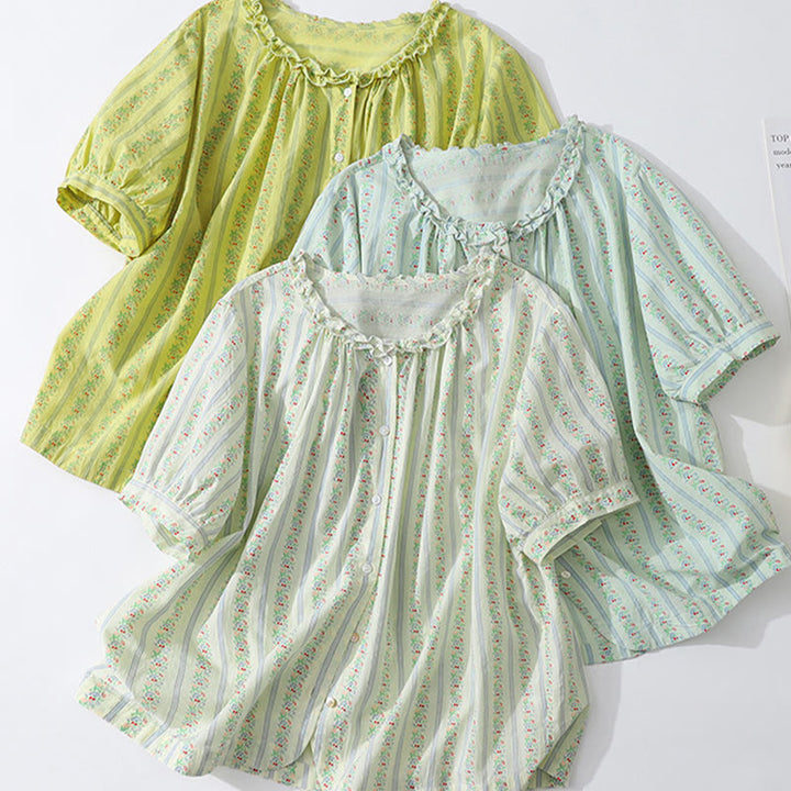 Buddha Stones Camicia da donna estiva casual ed elegante a maniche corte con scollo rotondo e stampa floreale a righe, con bottoni. - image 27