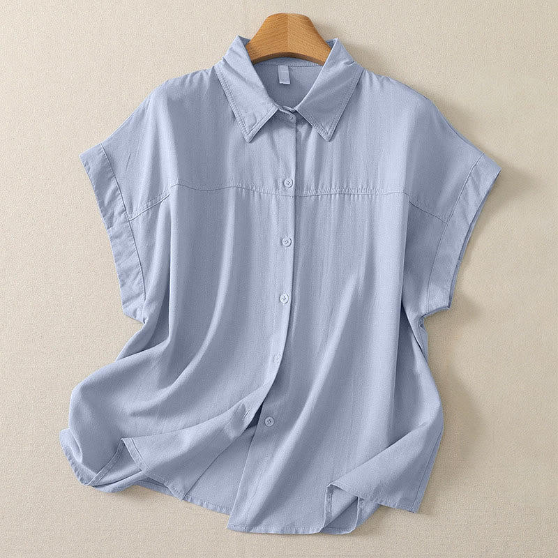 Buddha Stones Camicia da donna estiva casual minimalista a maniche corte con bottoni. - Blu acciaio chiaro - US8-10, UK/AU12-14, EU40-42 (2XL) - image 0