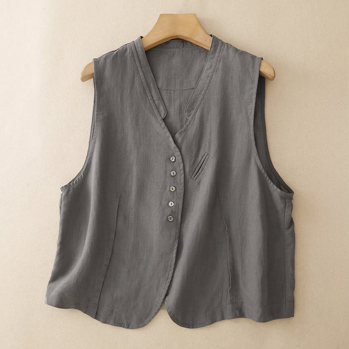 Buddha Stones Canotta da donna estiva casual e minimalista con scollo a V e bottoni, tinta unita, senza maniche - Grigio tenue - US12, UK/AU16, EU44 (2XL) - image 11