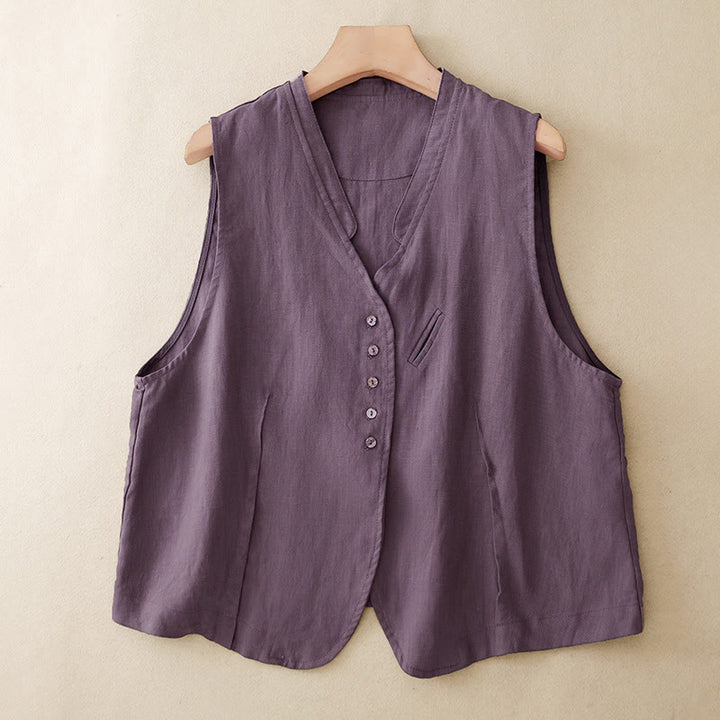 Buddha Stones Canotta da donna estiva casual e minimalista con scollo a V e bottoni, tinta unita, senza maniche - Viola - US12, UK/AU16, EU44 (2XL) - image 20