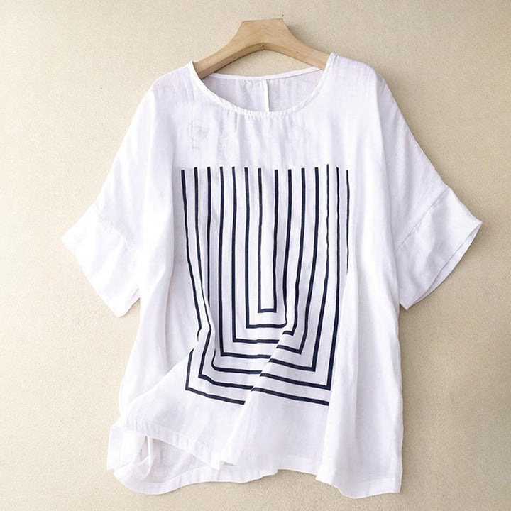 Maglietta da donna in cotone e lino a maniche corte con motivo stampato a linee casuali Buddha Stones - Bianco - US12, UK/AU16, EU44 (2XL) - image 11