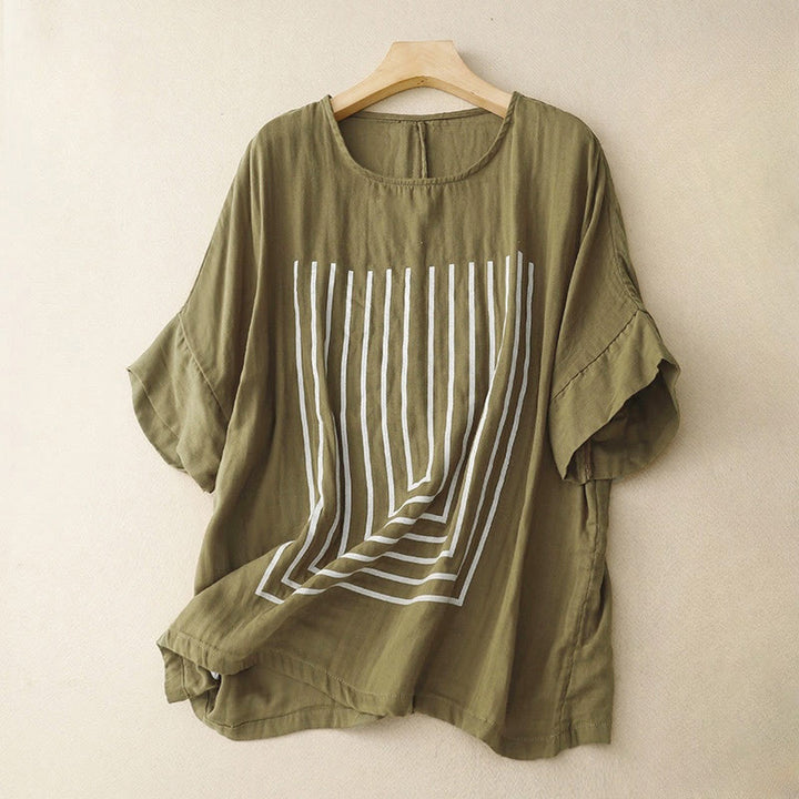 Maglietta da donna in cotone e lino a maniche corte con motivo stampato a linee casuali Buddha Stones - Oliva - US12, UK/AU16, EU44 (2XL) - image 0
