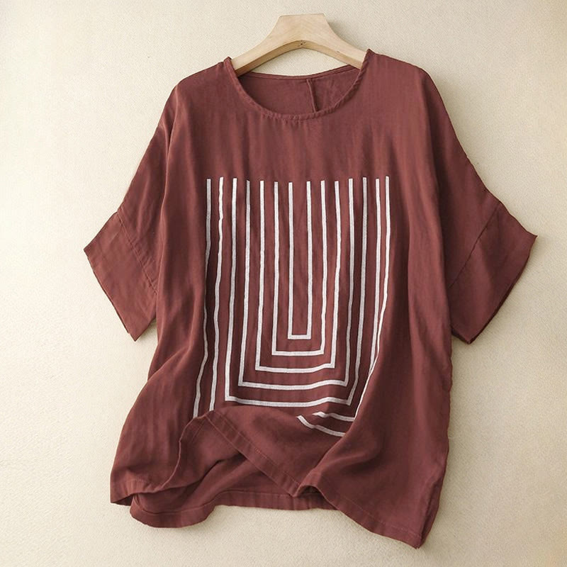 Maglietta da donna in cotone e lino a maniche corte con motivo stampato a linee casuali Buddha Stones - Marrone - US12, UK/AU16, EU44 (2XL) - image 7