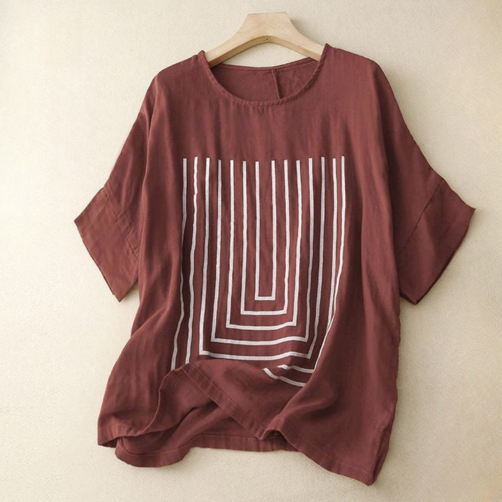 Maglietta da donna in cotone e lino a maniche corte con motivo stampato a linee casuali Buddha Stones - Marrone - US12, UK/AU16, EU44 (2XL) - image 7