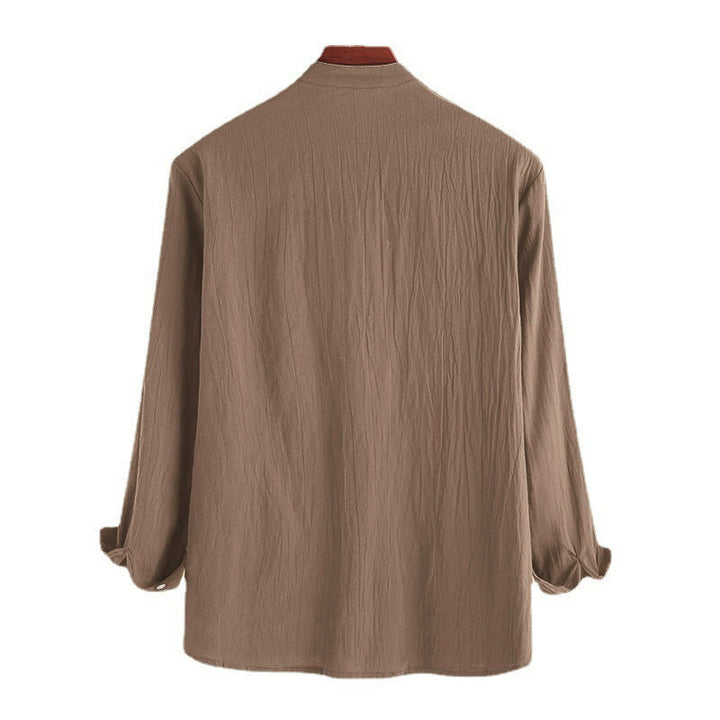Camicia da uomo a maniche lunghe in cotone con bottoni a mezzo busto e stampa Buddha Stones, tinta unita. - image 7