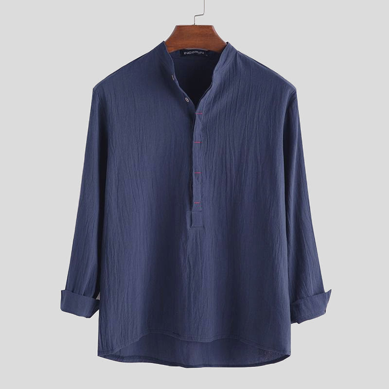 Camicia da uomo a maniche lunghe in cotone con bottoni a mezzo busto e stampa Buddha Stones, tinta unita. - SteelBlue - US/UK/AU42, EU52 (3XL) - image 4