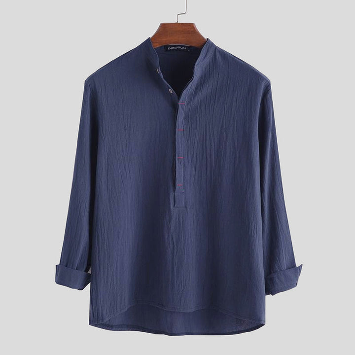Camicia da uomo a maniche lunghe in cotone con bottoni a mezzo busto e stampa Buddha Stones, tinta unita. - SteelBlue - US/UK/AU42, EU52 (3XL) - image 4