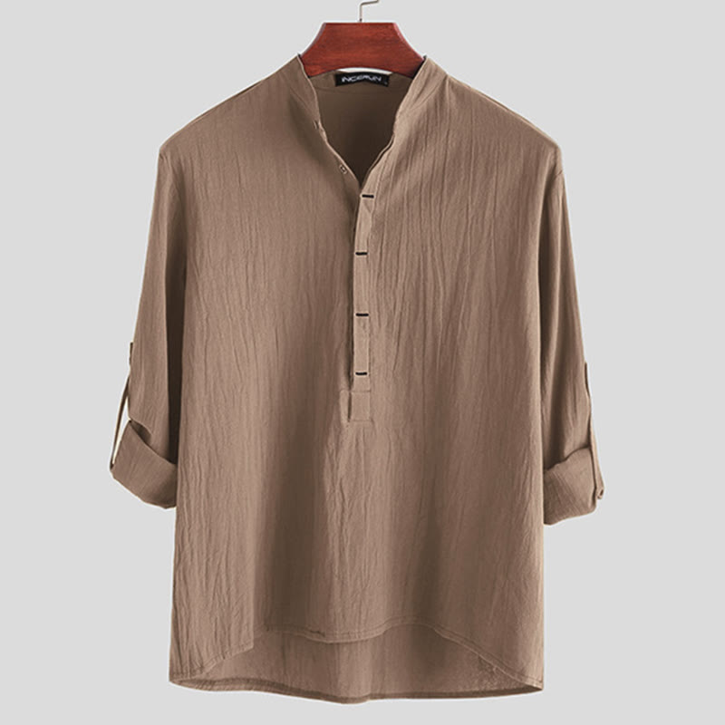 Camicia da uomo a maniche lunghe in cotone con bottoni a mezzo busto e stampa Buddha Stones, tinta unita. - Tan - US/UK/AU42, EU52 (3XL) - image 6