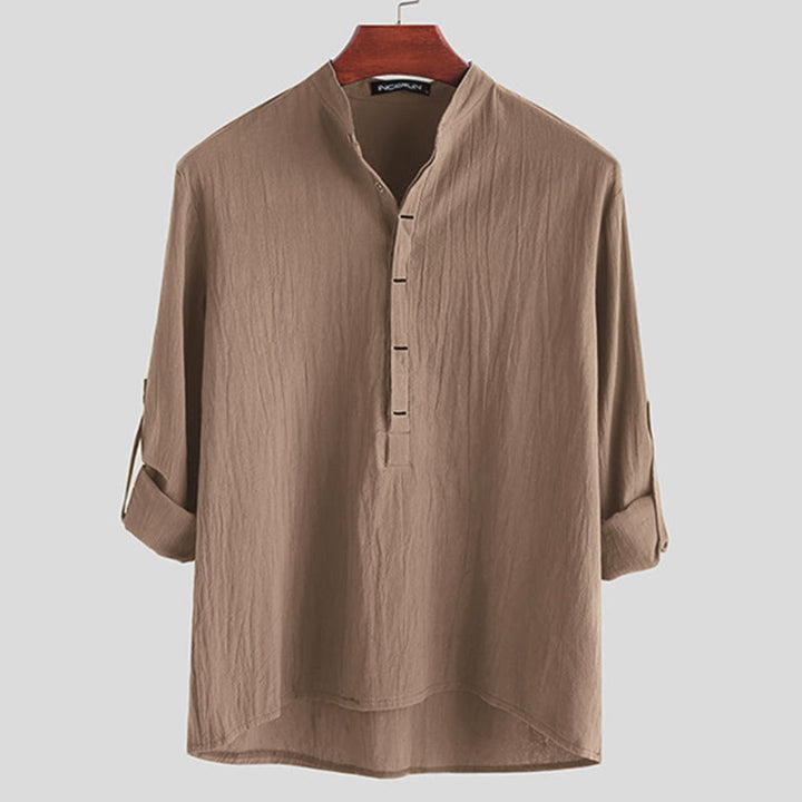 Camicia da uomo a maniche lunghe in cotone con bottoni a mezzo busto e stampa Buddha Stones, tinta unita. - Tan - US/UK/AU42, EU52 (3XL) - image 6