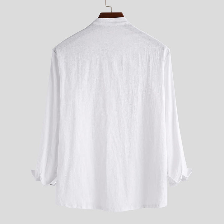 Camicia da uomo a maniche lunghe in cotone con bottoni a mezzo busto e stampa Buddha Stones, tinta unita. - image 2