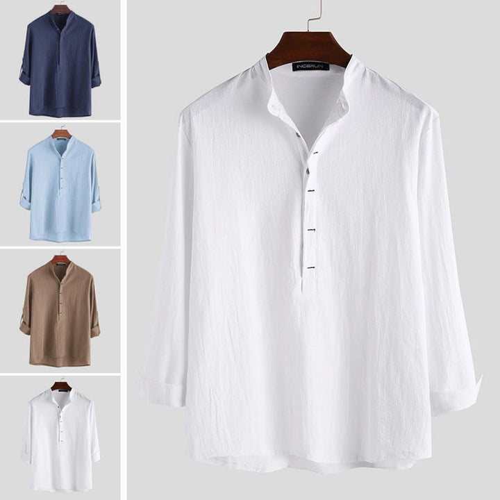 Camicia da uomo a maniche lunghe in cotone con bottoni a mezzo busto e stampa Buddha Stones, tinta unita. - image 1