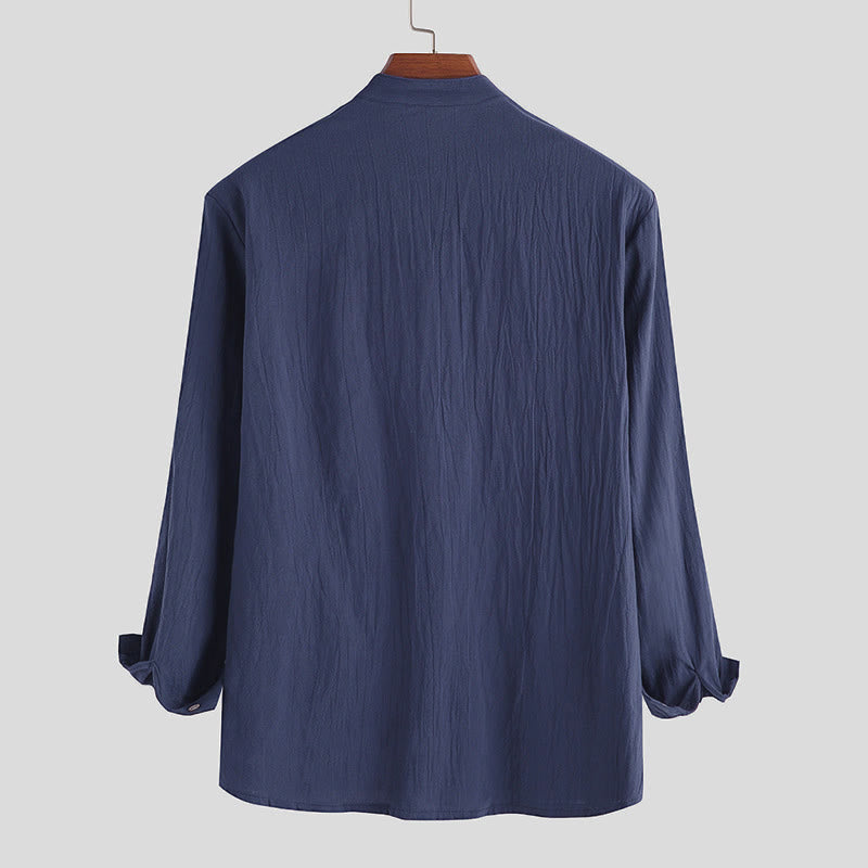 Camicia da uomo a maniche lunghe in cotone con bottoni a mezzo busto e stampa Buddha Stones, tinta unita. - image 5