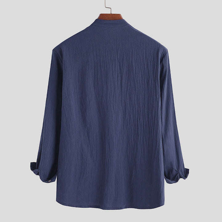 Camicia da uomo a maniche lunghe in cotone con bottoni a mezzo busto e stampa Buddha Stones, tinta unita. - image 5