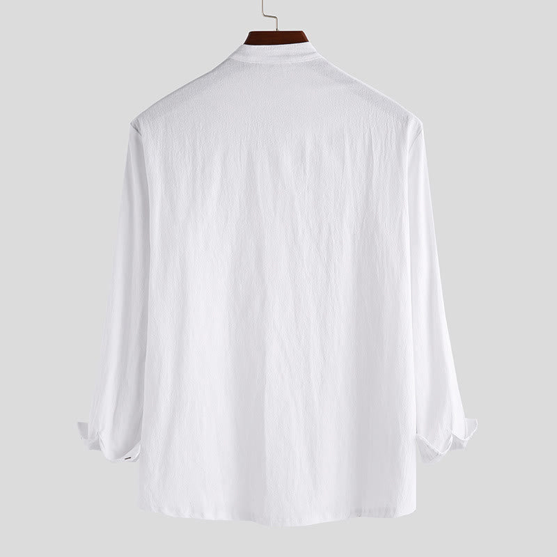 Camicia da uomo a maniche lunghe in cotone con bottoni a mezzo busto e stampa Buddha Stones, tinta unita. - image 2