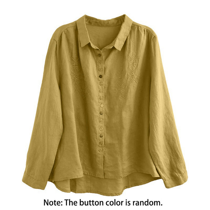 Camicia da donna a maniche lunghe con ricamo primaverile Buddha Stones e bottoni colorati. - image 3
