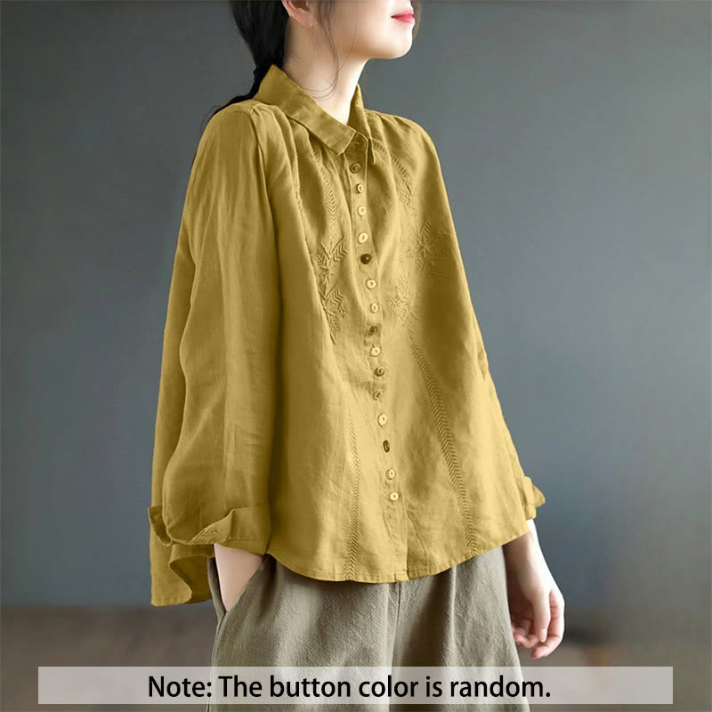 Camicia da donna a maniche lunghe con ricamo primaverile Buddha Stones e bottoni colorati. - image 1