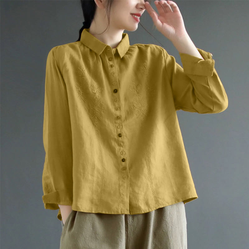 Camicia da donna a maniche lunghe con ricamo primaverile Buddha Stones e bottoni colorati. - Verga d'oro scura - US12, UK/AU16, EU44 (2XL) - image 0