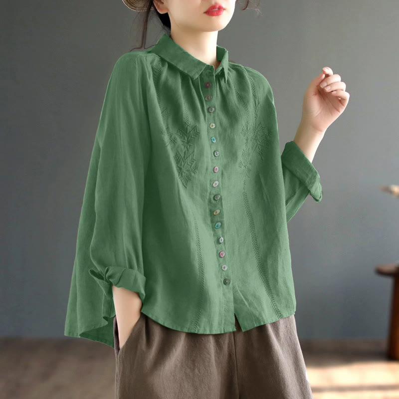 Camicia da donna a maniche lunghe con ricamo primaverile Buddha Stones e bottoni colorati. - Verde medio del mare - US12, UK/AU16, EU44 (2XL) - image 9