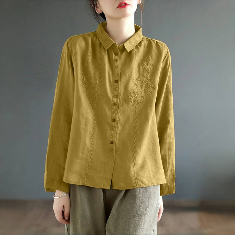 Camicia da donna a maniche lunghe con ricamo primaverile Buddha Stones e bottoni colorati. - image 2