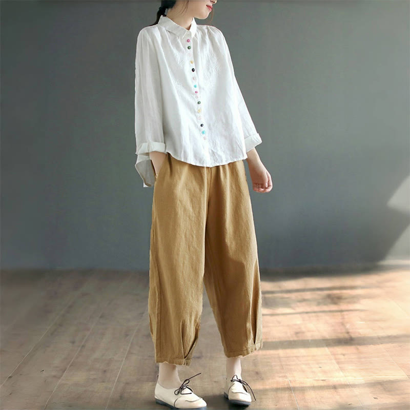 Camicia da donna a maniche lunghe con ricamo primaverile Buddha Stones e bottoni colorati. - image 8