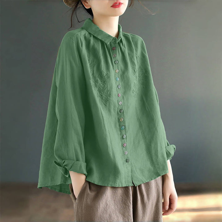 Camicia da donna a maniche lunghe con ricamo primaverile Buddha Stones e bottoni colorati. - image 11