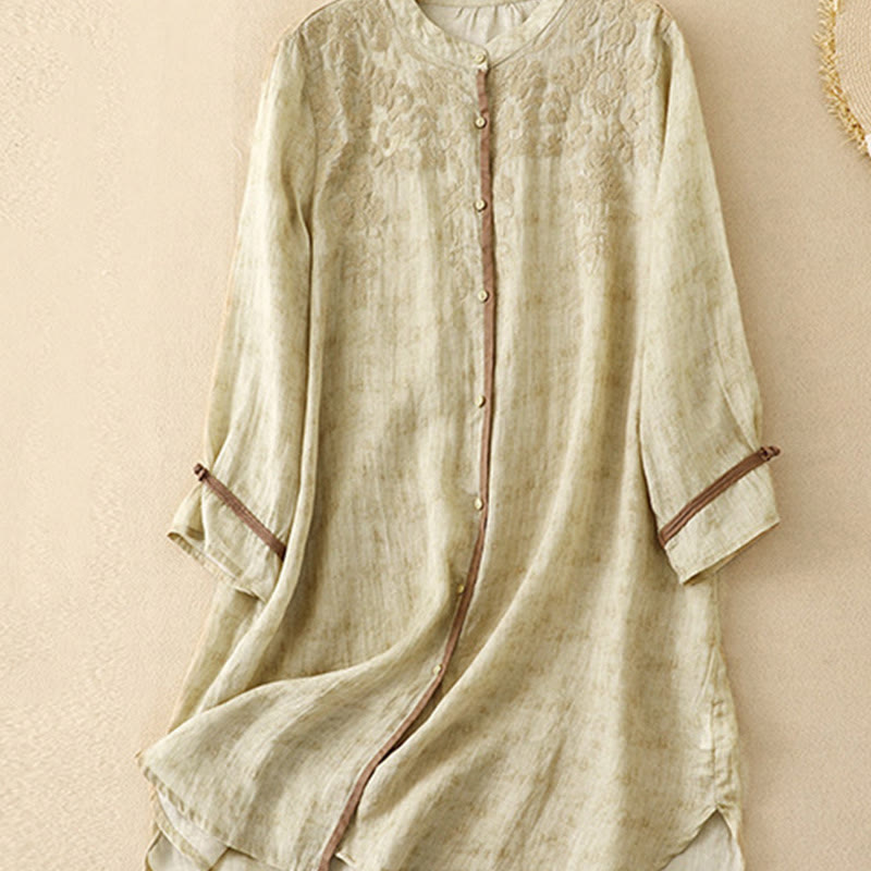 Abito midi estivo casual con colletto alla coreana e maniche a tre quarti, ricamato Buddha Stones. - image 13