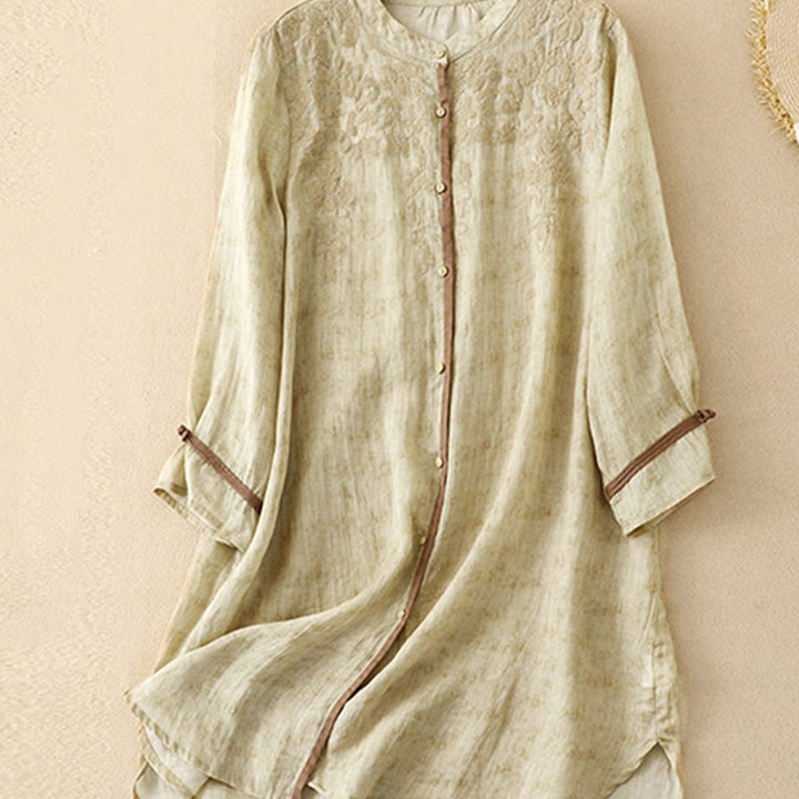Abito midi estivo casual con colletto alla coreana e maniche a tre quarti, ricamato Buddha Stones. - image 13