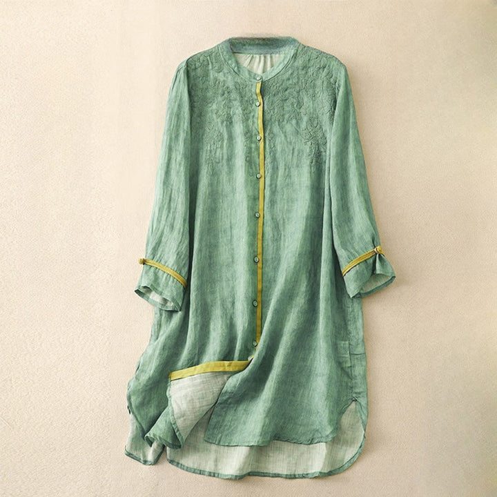 Abito midi estivo casual con colletto alla coreana e maniche a tre quarti, ricamato Buddha Stones. - Verde medio del mare - US8-10, UK/AU12-14, EU40-42 (2XL) - image 0