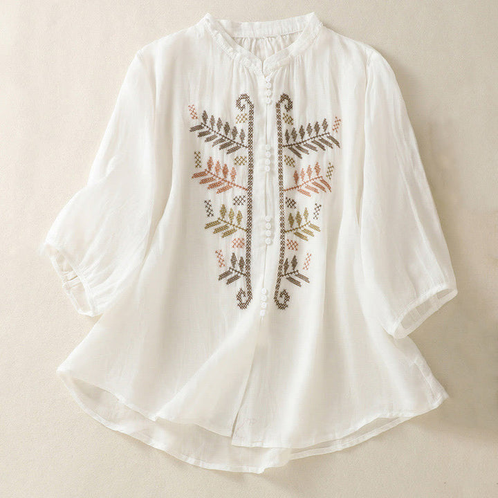 Camicia da donna a maniche a tre quarti con ricamo artistico e motivo a Buddha Stones. - Bianco - US8-10, UK/AU12-14, EU40-42 (2XL) - image 14