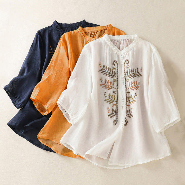 Camicia da donna a maniche a tre quarti con ricamo artistico e motivo a Buddha Stones. - image 22
