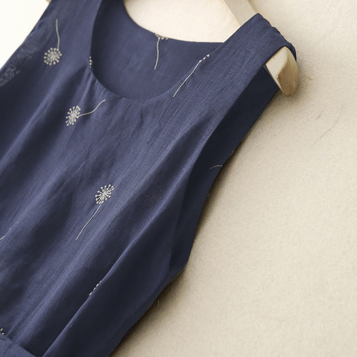 Abito midi senza maniche in cotone con stampa Buddha Stones , blu notte, allacciatura e tasche. - image 3