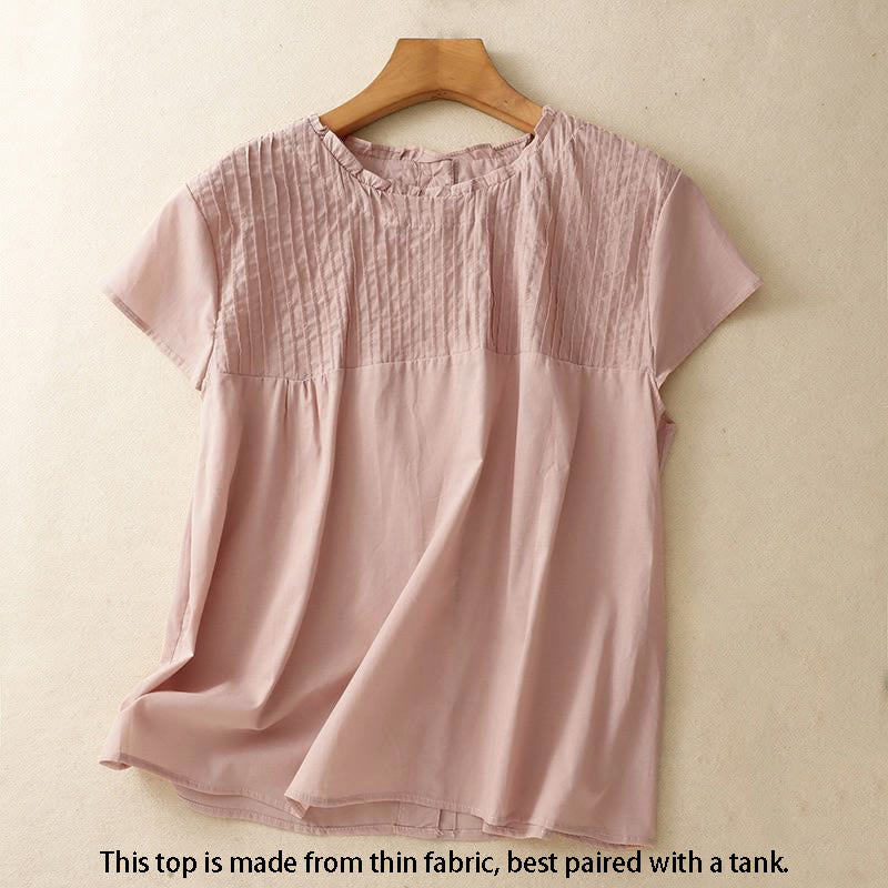 Camicia da donna a maniche corte con volant e pieghe, tinta unita, con motivo Buddha Stones, ideale per l'estate. - image 1