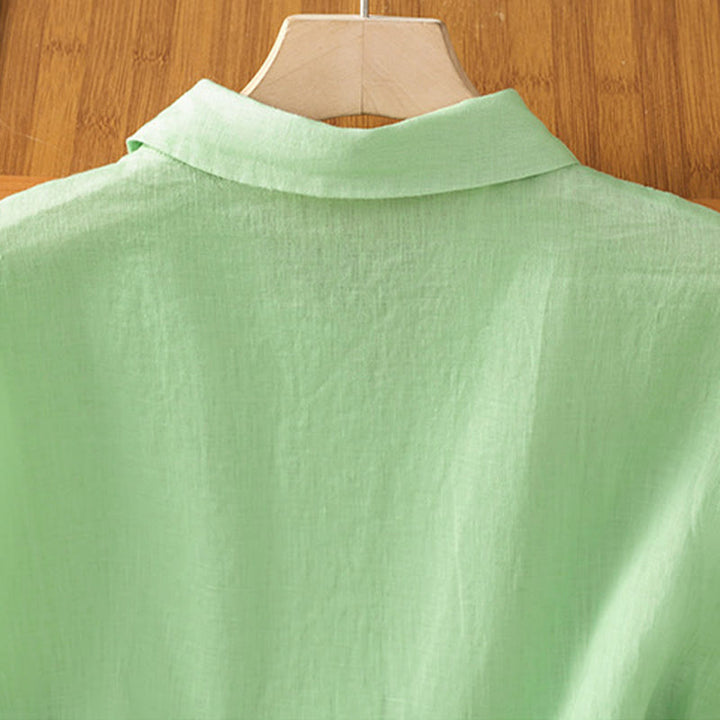 Camicia da donna estiva a maniche corte con bottoni e stampa Buddha Stones. - image 19
