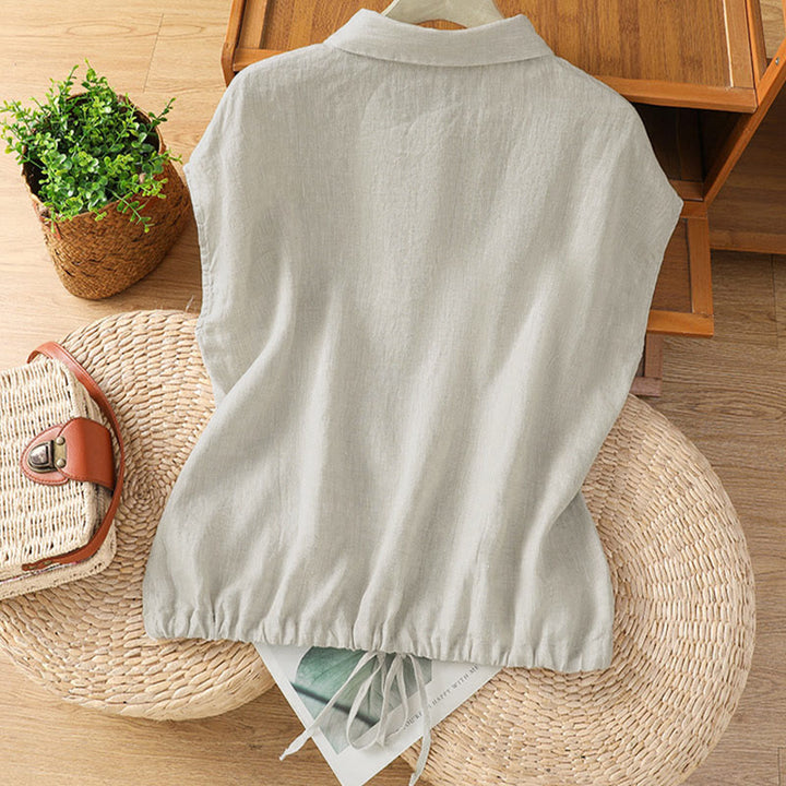 Camicia da donna estiva a maniche corte con bottoni e stampa Buddha Stones. - image 24