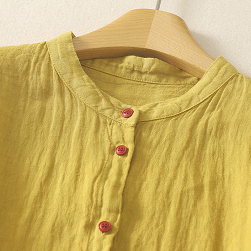Camicia da donna estiva a maniche corte con bottoni rossi e stampa Buddha Stones. - image 15